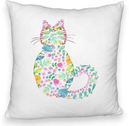 Perna Decorativa Fluffy Model Pisica cu Flori Multicolor 40x40 cm Alba Husa Detasabila Burduf 