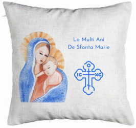 Perna Decorativa Model La multi ani de Sfanta Maria 40x40 cm Alb Murdar Husa Detasabila Burduf 