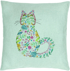 Perna Decorativa Model Pisica cu Flori Multicolor 40x40 cm Verde Menta Husa Detasabila Burduf 