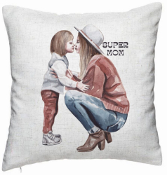 Perna Decorativa Model Super Mom Girl 40x40 cm Alb Murdar Husa Detasabila Burduf 