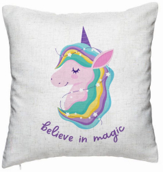 Perna Decorativa Model Unicorns Believe in Magic 40x40 cm Alb Murdar Husa Detasabila Burduf 