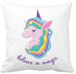 Perna Decorativa Patrata Unicorns Believe in Magic 40x40 cm Alba Mata Husa Detasabila Burduf 