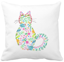 Perna Decorativa Pisica cu Flori Multicolor 40x40 cm Alba Mata Husa Detasabila Burduf 
