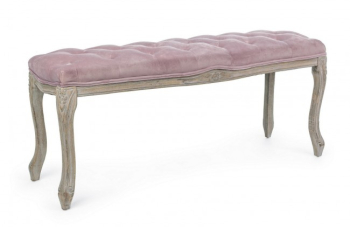 Bancuta cu picioare din lemn maro patinat si sezut din catifea roz Mathilde 110 cm x 36 cm x 47 h 