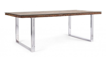 Masa picioare inox cu blat lemn maro si sticla Stanton 220 cm x 100 cm x 76 h 