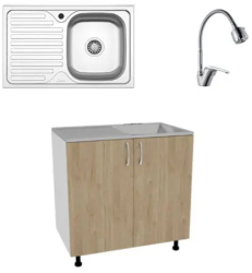 Set Masca Chiuveta haaus Karo Lemn Natural/Alb 80 x 50 x 80 cm Chiuveta haaus Inox Cuva dreapta Baterie Flexibila 