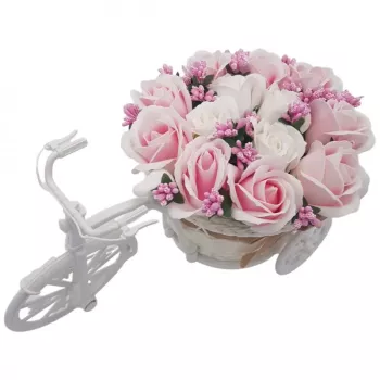 Aranjament floral trandafiri Bicicleta cu flori zambarete flori de sapun Dalimag 30x17x15 cm 