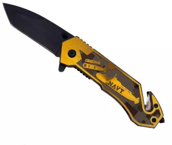 Briceag manual Model Navy Auriu Sistem Prindere la curea Taiere Centura si spargator geamuri Otel 20 cm 