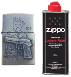 Bricheta Tip Zippo 3D Relief Metalica Soldat Pistol 92F si Lichid Zippo 125 ml 