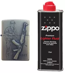 Bricheta Tip Zippo 3D Relief Metalica Soldat Pusca AK47 si Lichid Zippo 125 ml 