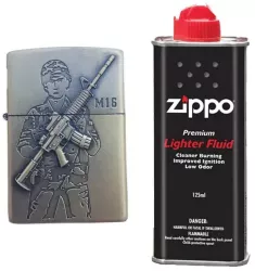 Bricheta Tip Zippo 3D Relief Metalica Soldat Pusca M16 si Lichid Zippo 125 ml 