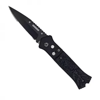 Cutit deschidere a lamei pe buton lama otel negru cap in flacari 16 cm 
