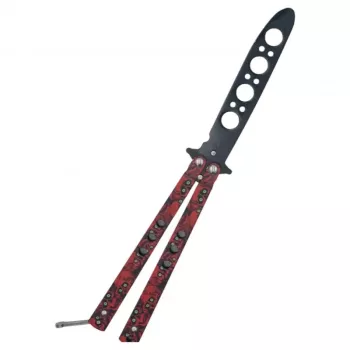 Cutit fluture Butterfly Balisong 21.50cm cap de mort rosu M2 fara tais de antrenament 
