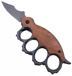 Cutit Pumnal cu Deschidere pe Buton Prindere Curea Lama Curbata Maner Lemn Otel 21 cm 