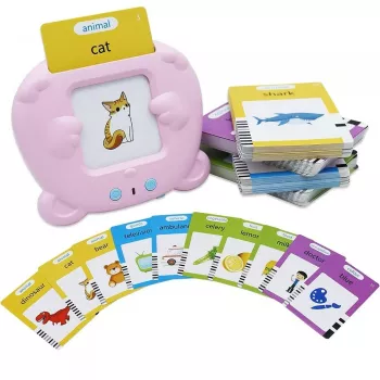 Jucarie Montessori pentru copii Set invatare cuvinte limba engleza cu cititor de carduri flash 224 de cuvinte MicroUSB roz 