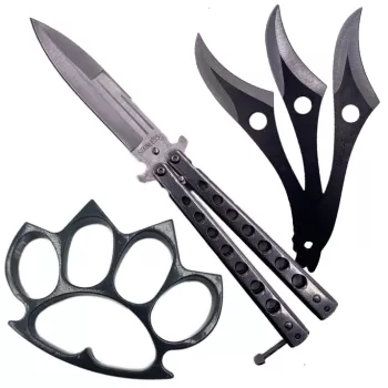 Kit Autoaparare Ninja Cutit Tip Fluture 22 cm Pumnal Tip Box Model Gheara 3x Stelute Ninja de Aruncat 17 cm 