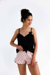 Pijama dama Sensis Mellissa cu bretele model cu inimioare bumbac negru cu roz M 