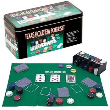 Poker cu 200 chips poker in cutie metalica buton dealer jetoane 4 culori de 1 5 10 si 25 carti joc 
