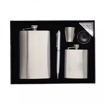 Set 2 sticle metal otel inoxidabil 9oz si 3oz pentru bauturi fine pahar si pix 