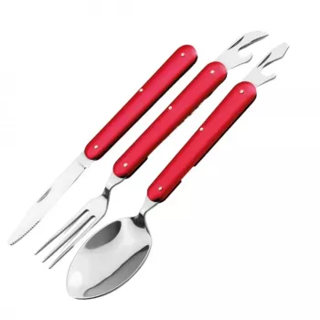 Set 3 tacamuri pliabile lingura furculita cutit otel inoxidabil 17 cm rosu husa 