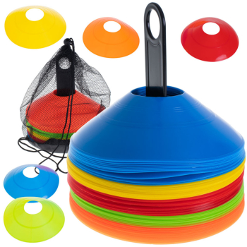 Set 50 Jaloane Tip Con Pentru Antrenamente Sportive PVC Flexibil Multicolor Cu Suport Si Husa Transport 