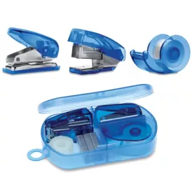 Set papetarie Mini Perforator Banda Adeziva si Capsator cu 300 capse Cutie Transparenta Albastru 9 5X6X2 cm 