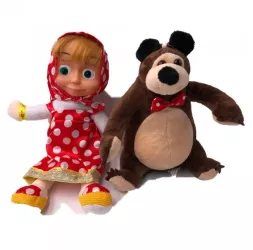 Set Papusi Masha si Ursul Masha cu Scufita Rosie cu Buline Albe care canta si Ursul care Sforaie 