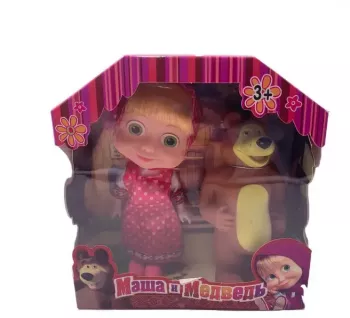 Set Papusi Masha si Ursul Masha cu Scufita rosie cu Buline Albe Ursul Plastic 15 cm 