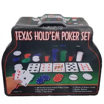 Set Poker Texas Holden negru 200 jetoane 2 carti covoras 3 butoane cutie 