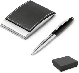 Set suport carti de vizita metalic cu piele si pix metalic touchscreen Dalimag 