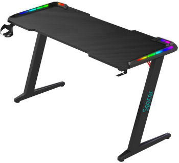 Birou gaming Spacer 140 x 60 cm blat MDF invelit in fibra de carbon picioare reglabile RGB telecomanda wireless 