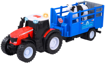 Tractor Dickie Toys Massey Ferguson Animal Trailer 26 cm cu lumini sunete remorca si figurina vaca 