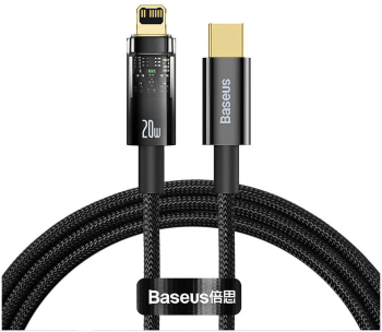 Cablu alimentare si date Baseus Explorer Fast Charging USB Type-C la tip Lightning 20W 2m Auto Power-Off Negru Transparent 