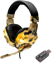 Casti Spacer cu fir standard utilizare gaming microfon pe brat conectare prin adaptor USB 2.0 sau Jack 3.5 mm x 2 lumina verde camuflaj 