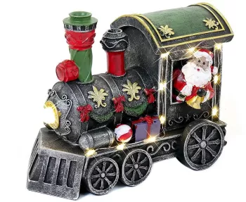 Decoratiune Craciun polirasina Mos Craciun in locomotiva impodobita LED 3xAA 18x9.2x14 cm Magic Home