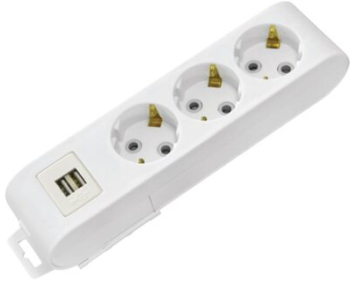 Prelungitor 3 locasuri Alb fara cablu Schuko 2 x USB 