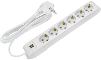 Prelungitor 6 locasuri Lungime 5 m Alb Schuko IP20 2 x USB 
