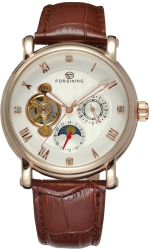 Ceas barbatesc Forsining cu Moon Phase arata noapte/zi curea din piele maro calendar complet mecanism