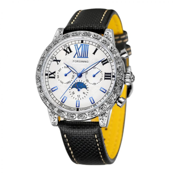 Ceas barbatesc Forsining cu Moon Phase arata noapte/zi curea din piele neagra mecanism automatic-mecanic 