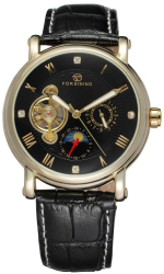 Ceas Forsining barbatesc cu Moon Phase arata noapte/zi curea din piele neagra calendar complet mecanism 