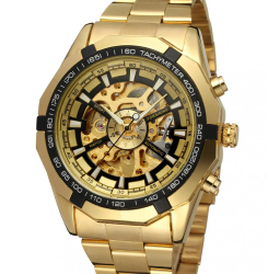 Ceas Forsining schelet barbatesc automatic Gold bratara din otel inoxidabil rezistent la zgarieturi stil 