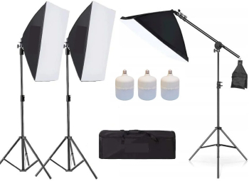 Kit de 3 softboxuri cu macara ajustabila 3 trepiezi reglabili 200 cm 3 becuri LED 50W si geanta transport 