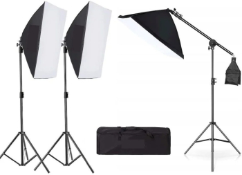 Kit 3 softbox cu macara geanta transport fara becuri incluse soclu suport bec standard E27 Negru 