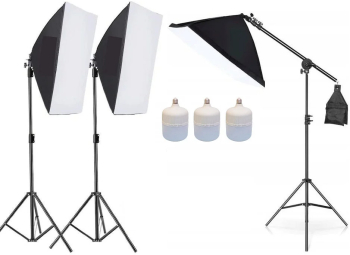 Kit de 3 softboxuri cu macara ajustabila 3 trepiezi reglabili 200 cm 3 becuri LED 50W 