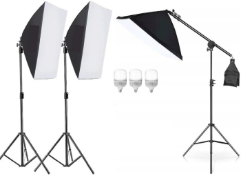 Kit de 3 softboxuri cu macara ajustabila 3 trepiezi reglabili 200 cm 3 becuri LED 25W 