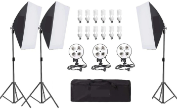 Kit de 3 softboxuri soclu de 4 becuri 3 trepiezi reglabili 200 cm 12 becuri de 45W geanta de transport inclusa 