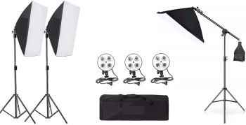Kit de 3 softboxuri cu macara soclu de 4 becuri 3 trepiezi reglabili 200 cm fara becuri geanta de transport inclusa 
