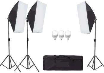 Kit de 3 softboxuri 3 trepiezi reglabili 200 cm 3 becuri LED 25W geanta de transport inclusa 