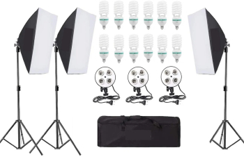 Kit 3 softbox soclu de x4 bec geanta transport si 12x becuri foto 85W Negru 