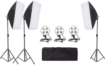 Kit de 3 softboxuri soclu de 4 becuri 3 trepiezi reglabili 200 cm fara becuri geanta de transport inclusa 